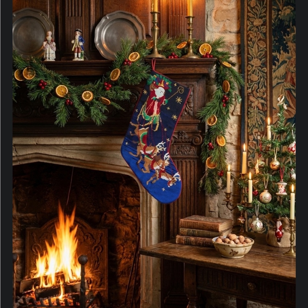 VTG Needlepoint Christmas Stocking Santa Sleigh Reindeer Night Sky Wool